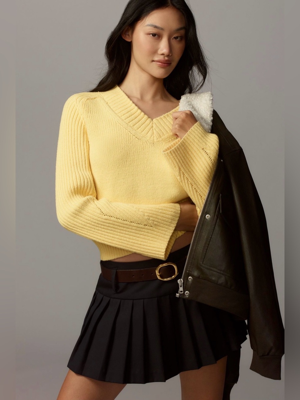 By Anthropologie Bell-Sleeve Cropped V-Neck Sweater • Sunlight • Small